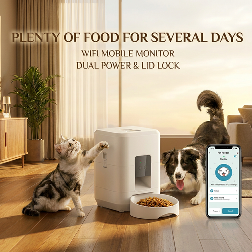 Automatic pet feeder with smartphone control shown with a cat and dog.